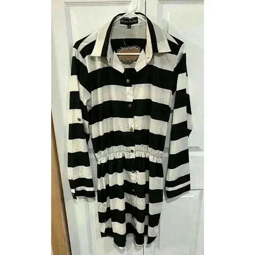 Blossom Boutique NWT Black White Striped Midi Shirt Dress Sz Medium